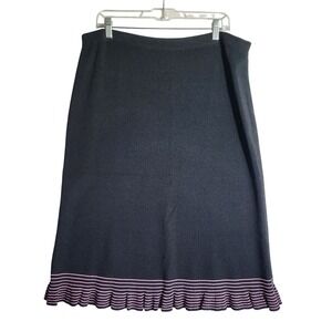 Sag Harbor Woman 1X Black Knit Midi Skirt Pink Stripes Ruffle Hem Modest Stretch